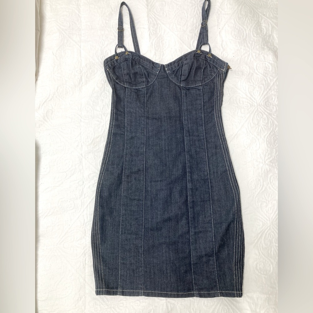 Guess Dark Denim Mini Dress with White Topstitching